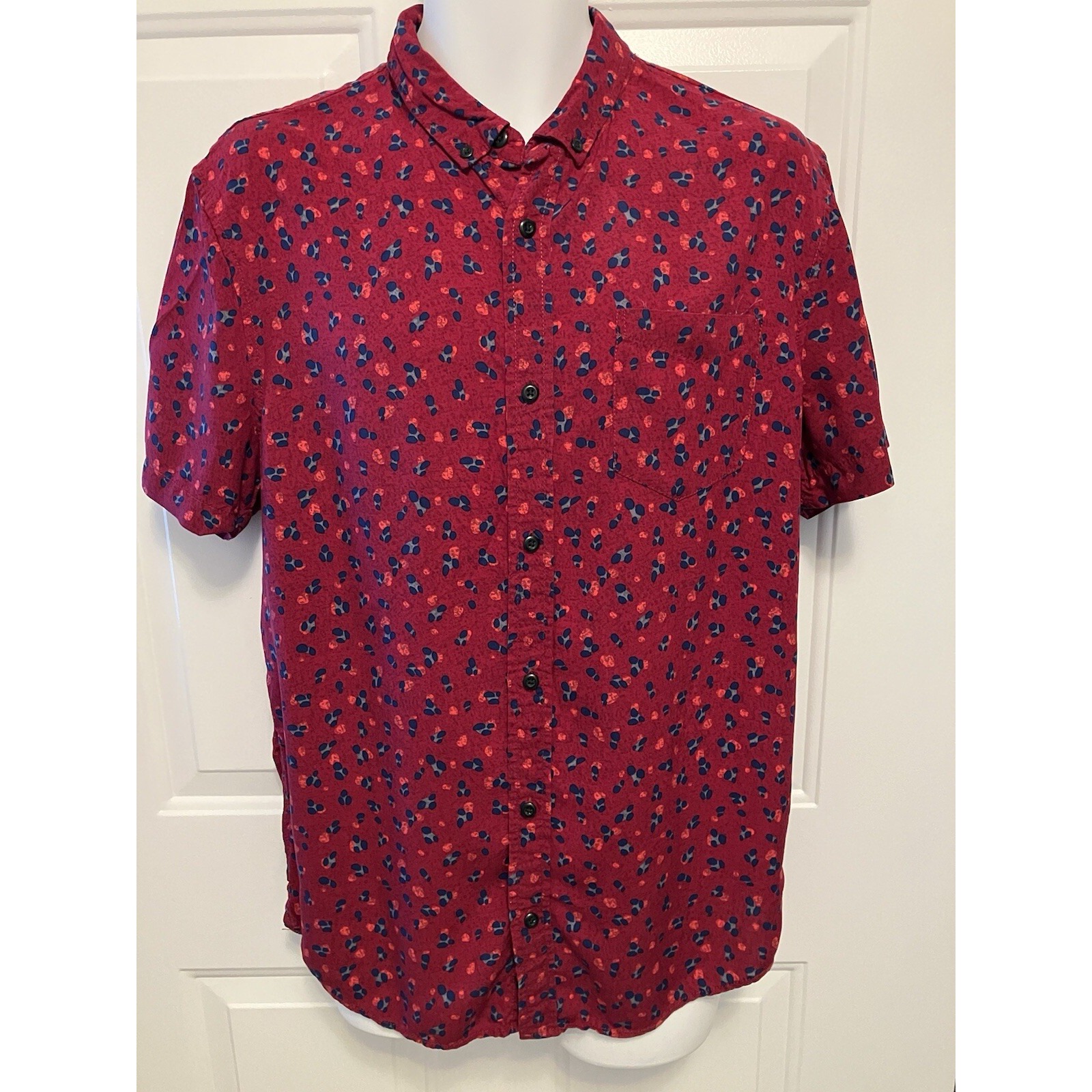The Rail Button Front Shirt Mens Size Large Ss Blue Red Abstract Print